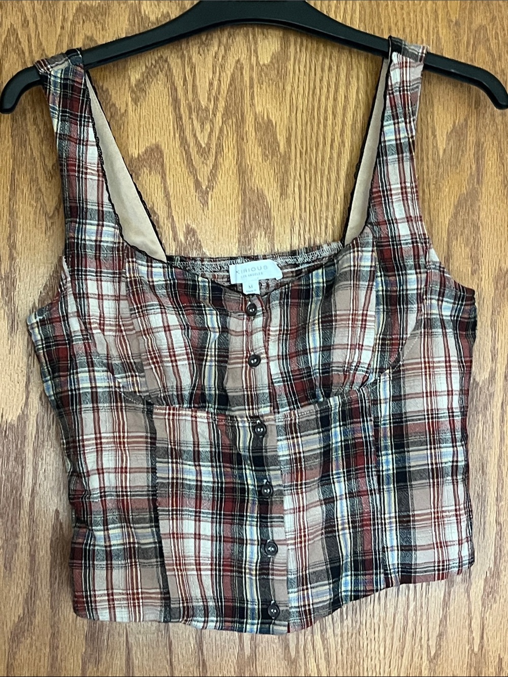 Plaid Button-Front Crop Top in Red and Tan - KIRÚOUE